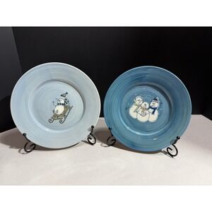 Eddie Bauer Snowman Salad Plates Set of 2 Blue Ceramic Christmas Holiday Decor